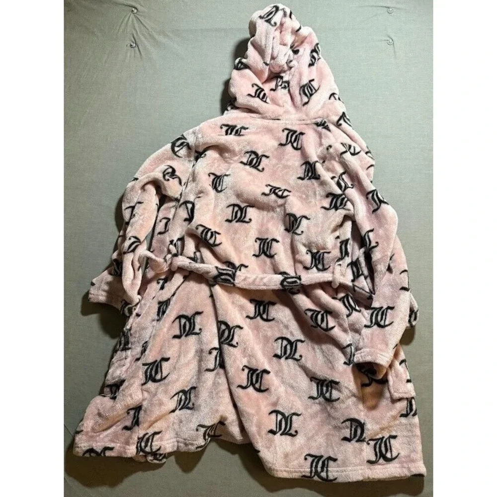 Juicy Couture Bubblegum Robe Womens S/M Pink Luxe Plush Black All Over‎ Logo .